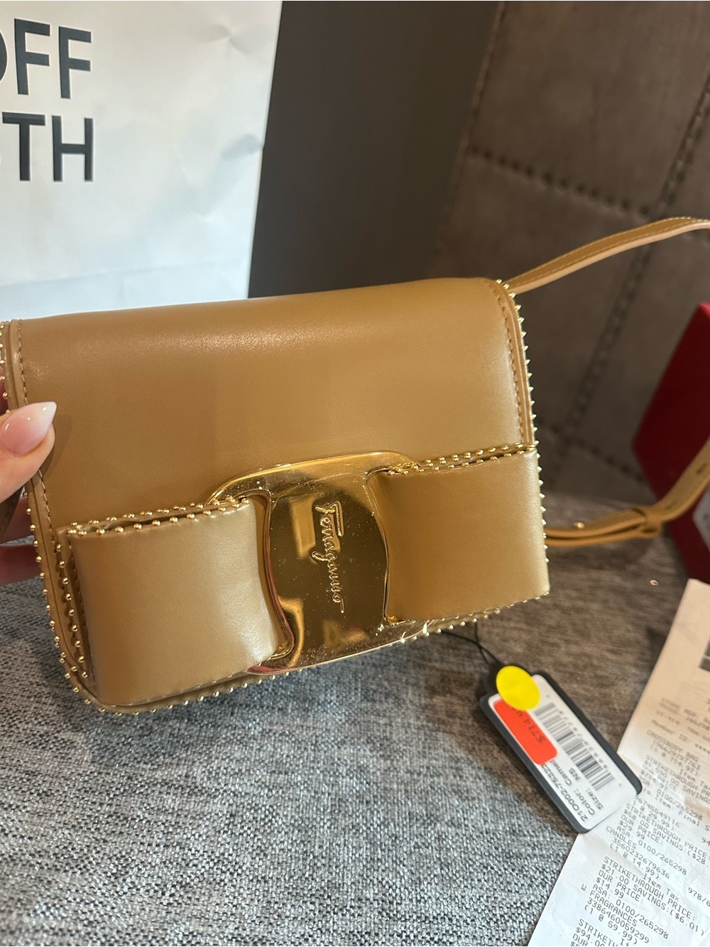 Salvatore Ferragamo Camel Leather Crossbody with Gold Vara Accent.